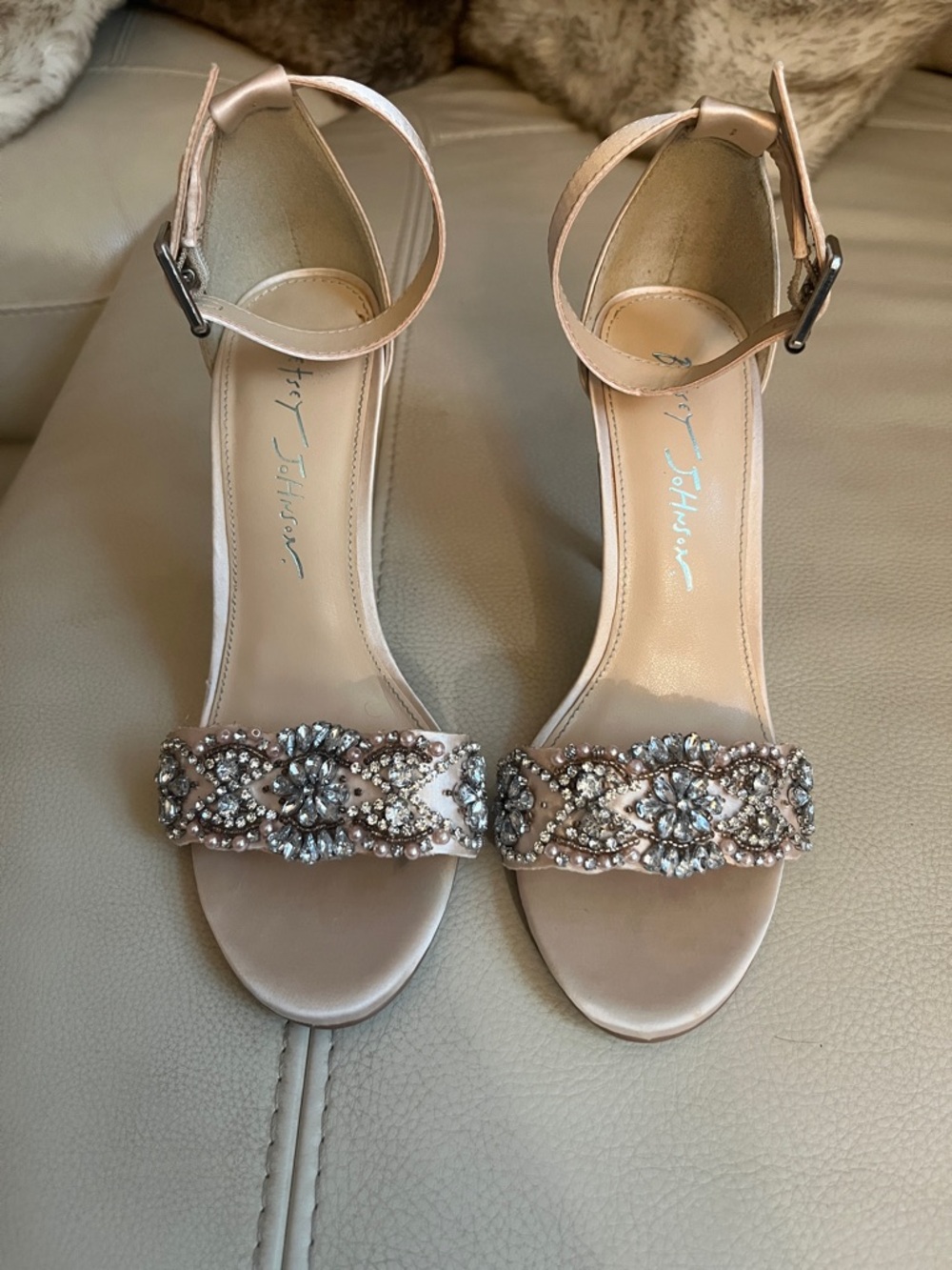 Betsey Johnson “ Blue” champagne color Gold Jeweled Ankle-Strap Sandals size 6m